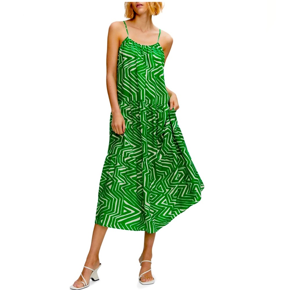 NWT SZ 2 MANGO Kelly Green Print Ruffle MIDI Sundress❣️
